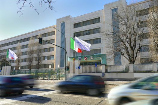 Stellantis corporation flag at italian headquarters after merging between Groupe PSA and FCA automotive Turin Italy January 25 2021