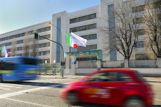 Stellantis corporation flag at italian headquarters after merging between Groupe PSA and FCA automotive Turin Italy January 25 2021