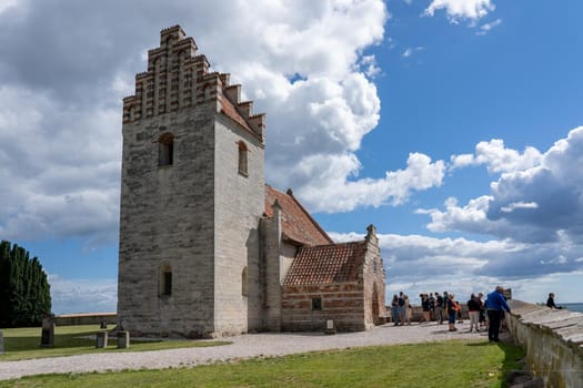 Hojerup, Denmark - July 21, 2020: Old Hojerup Church at the cliff at Stevns Klint