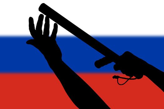 two arms with police tonfa rubber stick silhouette and blurry russian flag in the background - violent riot control concept