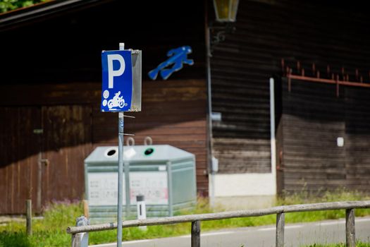 Plansee lake, Austria - June 20, 2017: Parking sign for motorcycles.