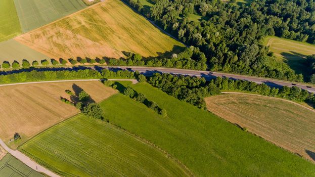 Aerial view of asphalt road passes through the field.