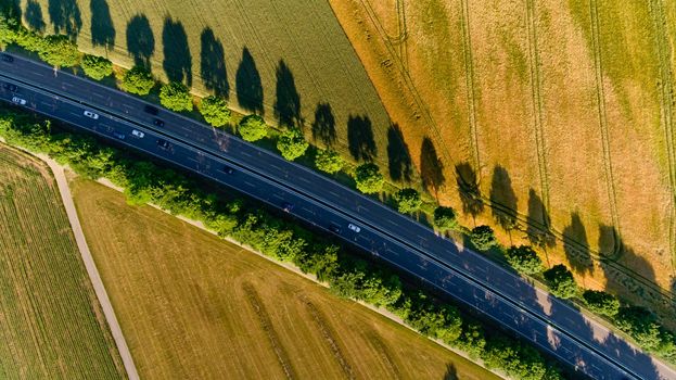 Top view of asphalt road passes through the field.