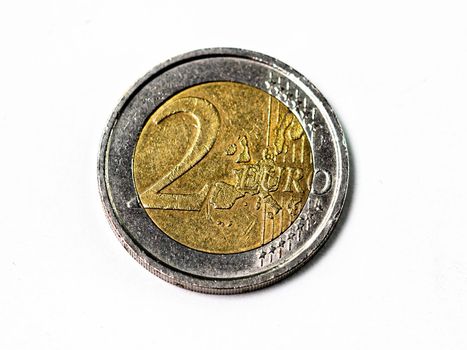 photograph of a two euro coin on a white background