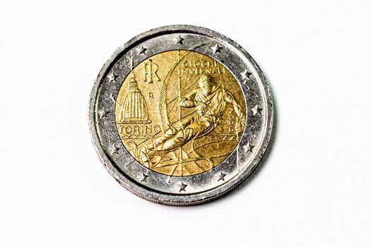 photograph of a two euro coin on a white background