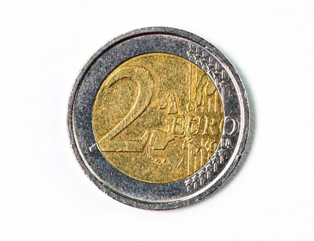 photograph of a two euro coin on a white background