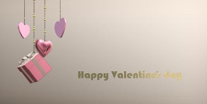 Luxury Valentines card, love design, hanging pink gold hearts, gift box on pastel background. Gold text Happy Valentine's day. Elegant design, template for love card. 3D illustration