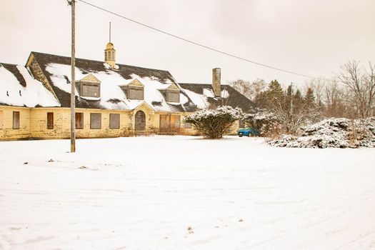 winter abandoned building. Spooky haunted building . High quality photo