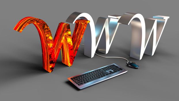 WWW 3d text with mouse and keyboard. Network communication concept. 3d rendering