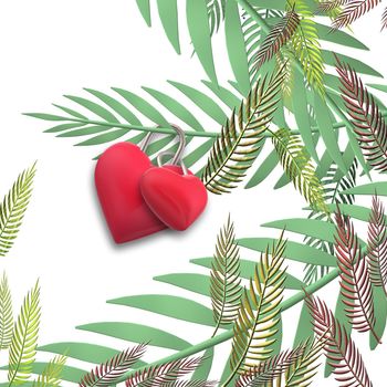 Two linked hearts. Connected red hearts on exotic, tropical leaves trendy background. Valentines, love, I love you, marriage unusual elegant design. 3D illustration