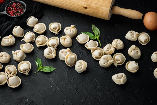 Tortellini with Parmesan and Basil set, on black background