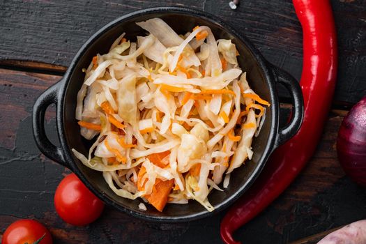 Sauerkraut preserving set, on old dark wooden table background, top view flat lay