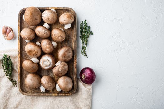 Royal mushrooms champignon whole set, on white background, top view flat lay