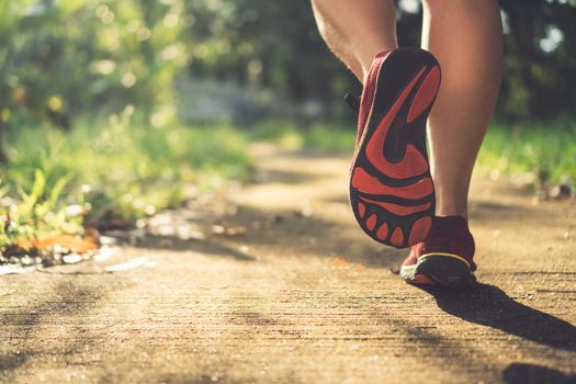 Woman wear running shoe on to walking and running on nature green background.Health exercise concept.