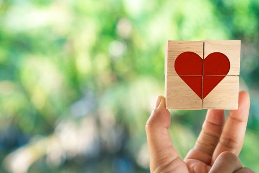 Hand hold wooden cube with heart sign icon on and copy space nature sunlight you can put text on background. Valentine love season concept.