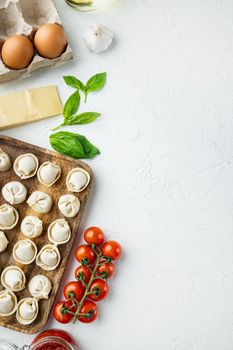Italian tortellini with fresh ricotta leaves and tomatoes set in wooden tray, on white background, top view flat lay , with copyspace and space for text