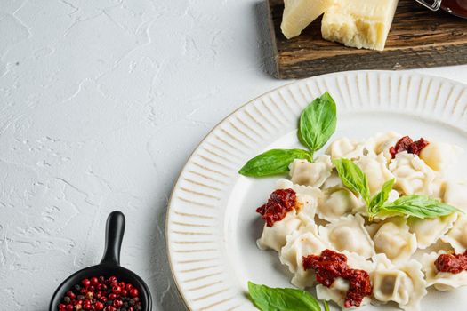 Appetizing ravioli with tomato sauce, cheese and basil set with basil parmesan and tomatoe on white plate, on white background , with copyspace and space for text