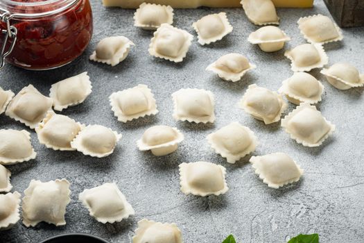 Tasty raw ravioli with flour and basil set, on gray background , with copyspace and space for text
