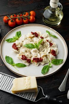 Appetizing ravioli with tomato sauce, cheese and basil set with basil parmesan and tomatoe on white plate on old dark wooden table background