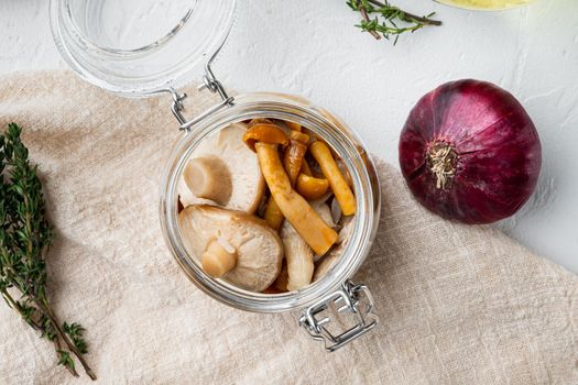Canned mushrooms in oil set, on white background, top view flat lay