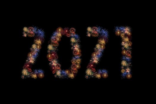 Colour fireworks forming new year 2021 AD on black background.Photo design for Celebrations and happy new year background concept.