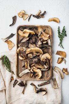Mix of chopped wild dried mushrooms set, on white background, top view flat lay
