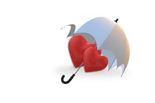 Two red hearts under umbrella on white background. Isolated symbol of love, Valentines day, relationship. 3D illustration