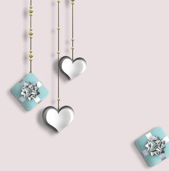 Pretty love card, Valentines card with hanging paper hearts, gift boxes on pastel pink background. 3D Illustration