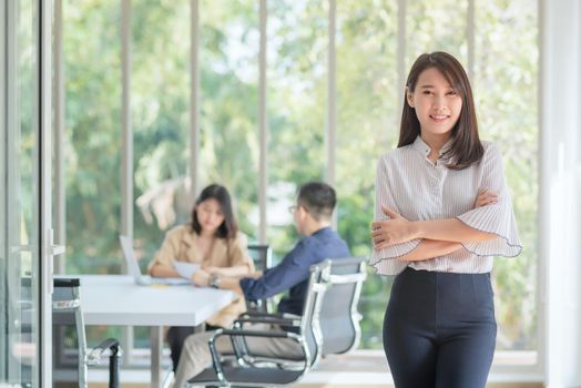 Business employee enjoy and happy to work at company office with positive attitude.