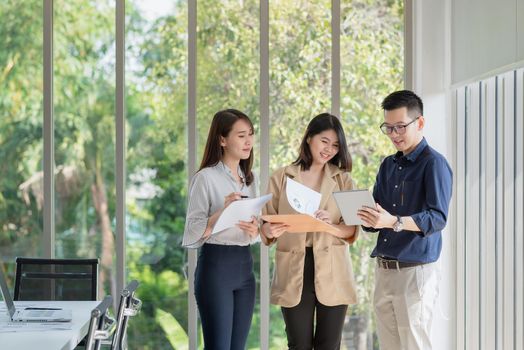 Business employee enjoy and happy to work at company office with positive attitude.