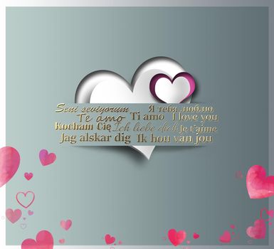 I love you text in different European languages. Paper hearts in paper strip and I love you gold text on green pastel background. 3D illustration