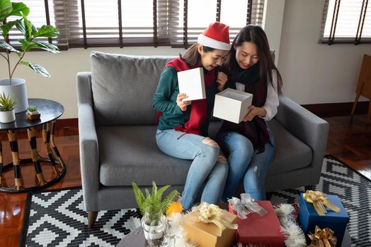 Two Females enjoy to celebrate Christmas and new year party at home in December