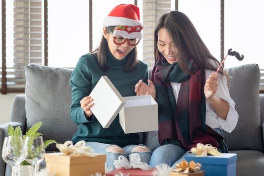 Two Females enjoy to celebrate Christmas and new year party at home in December