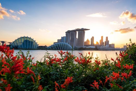 Panorama view of business downtown building area during sunset time at Singapore.