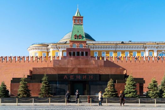 MOSCOW, RUSSIA-APR9, 2018: The Mausoleum of Lenin and Kremlin wall also known as Lenin Tomb on Red Square in Moscow at Russia