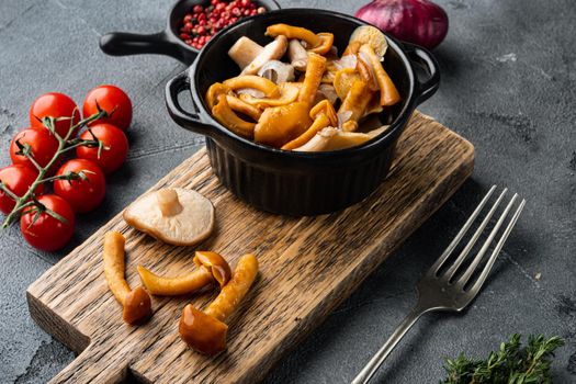 Pickled mushrooms set, on gray background