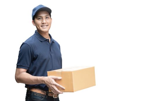 Asian delivery man or passenger holding a cardboard box ready to delivery isolated with clipping path and copy space on white background.