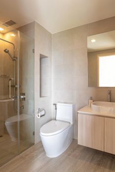 Cleaning Bathroom with shower and toilet in modern house