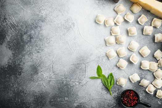 Homemade fresh Italian ravioli pasta set, on gray background, top view flat lay , with copyspace and space for text