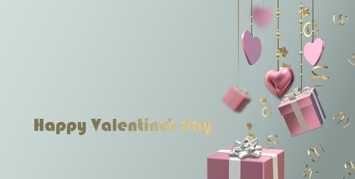 Pink hanging hearts, 3D gift boxes, confetti on pastel background. Valentines, Love, party invitation, mothers day, 8th March, wedding, greeting card. Gold Text Happy Valentines day. 3D illustration
