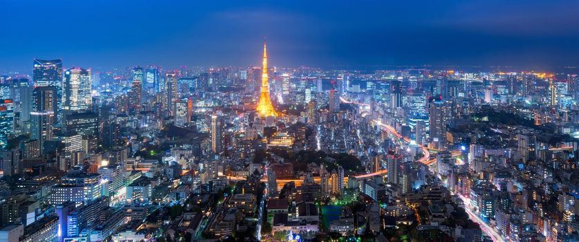 Panorama view over Tokyo tower and Tokyo cityscape view from Roppongi Hills at night in Tokyo,Japan