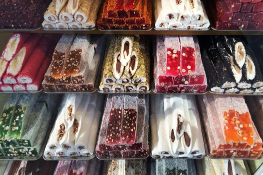 Traditional Turkish delight sweets at  Turkish delight Shop near Sultan Ahmed Square in Istanbul,Turkey