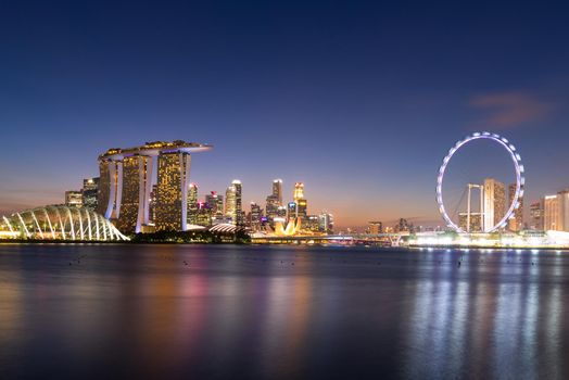 Panorama view of business downtown building area during twilight time at Singapore.