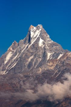 Fishtail peak or Machapuchare mountain with clear blue sky background at Nepal.