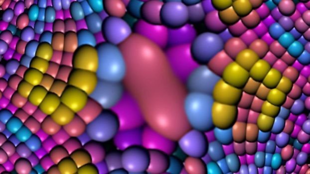 Abstract multi-colored background with a surface of spheres. 3d image