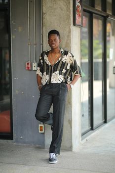 Portrait of young handsome afro black man posing outdoor.