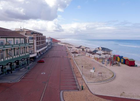 Aerial view of Muizenberg beach, abandoned during Covid lockdown, Cape Town