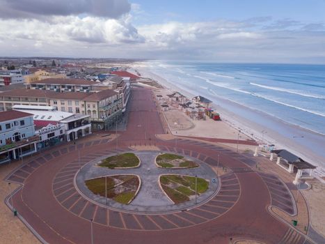 Aerial view of Muizenberg beach, abandoned during Covid lockdown, Cape Town