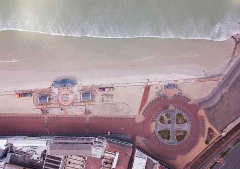 Aerial view of Muizenberg beach, abandoned during Covid lockdown, Cape Town