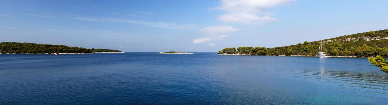 Sea coast of Mljet island in Croatia, Pomena Bay and Galicija islet